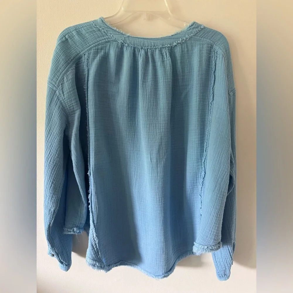 Free People Moving Mountains Gauze Button Down Blouse Blue Cotton Size S